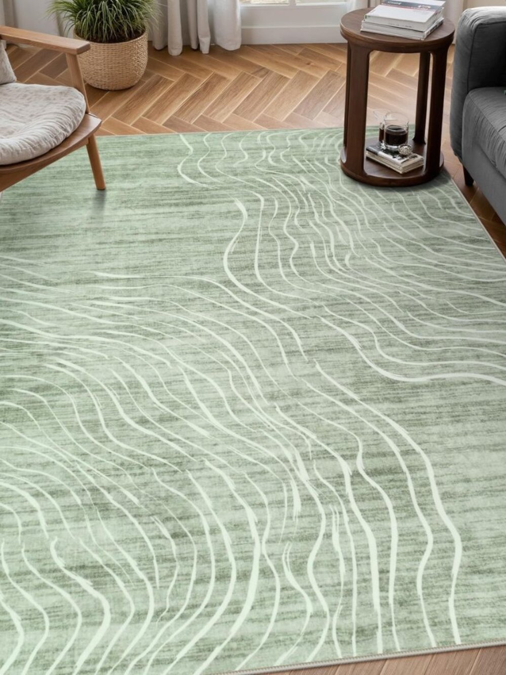 Abstract Sage Green 5x7 Washable Area Rug for Bedroom Living Room